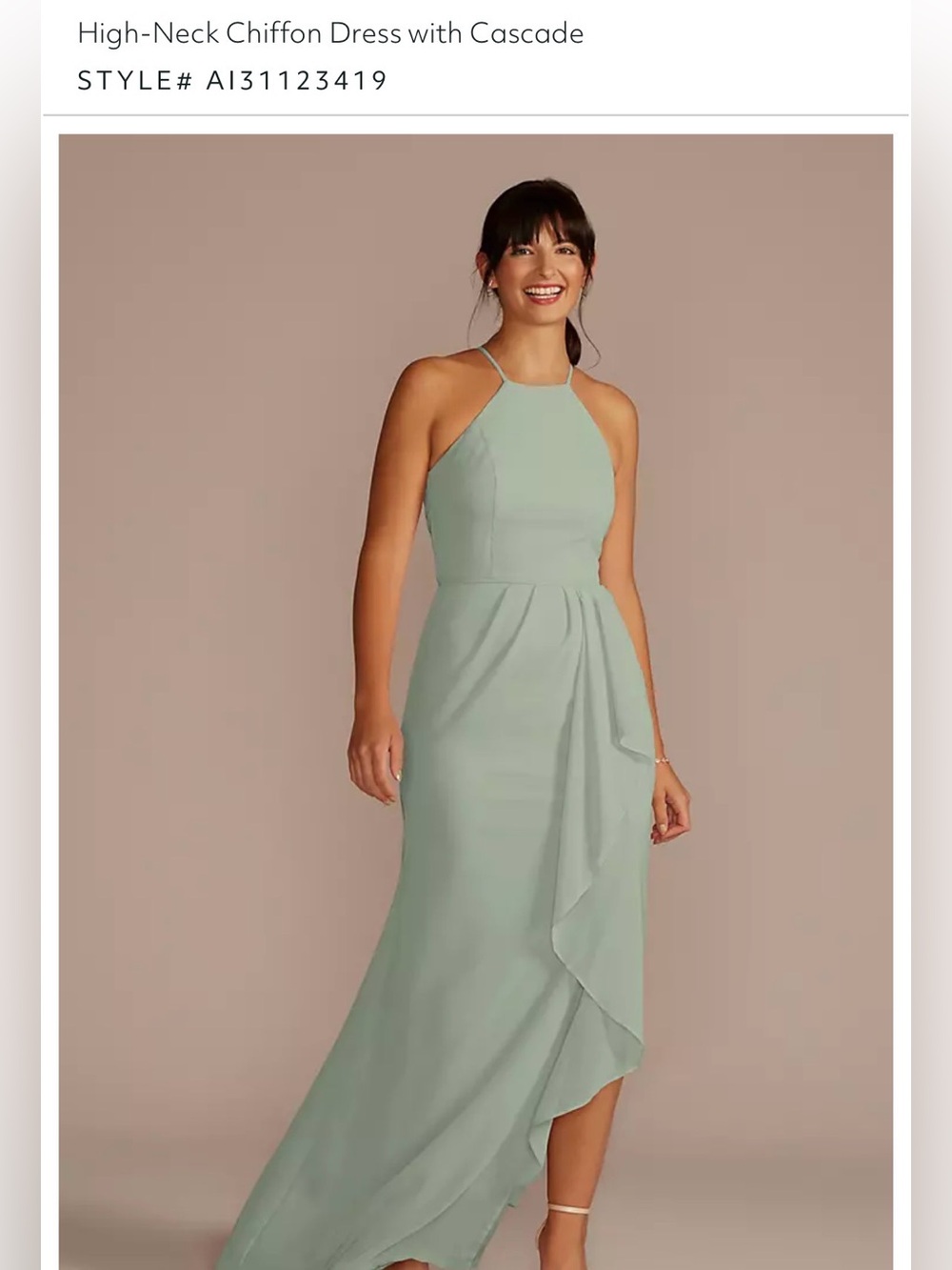 David’s Bridal High-Neck Chiffon Dress with Cascade - Dusty Sage
